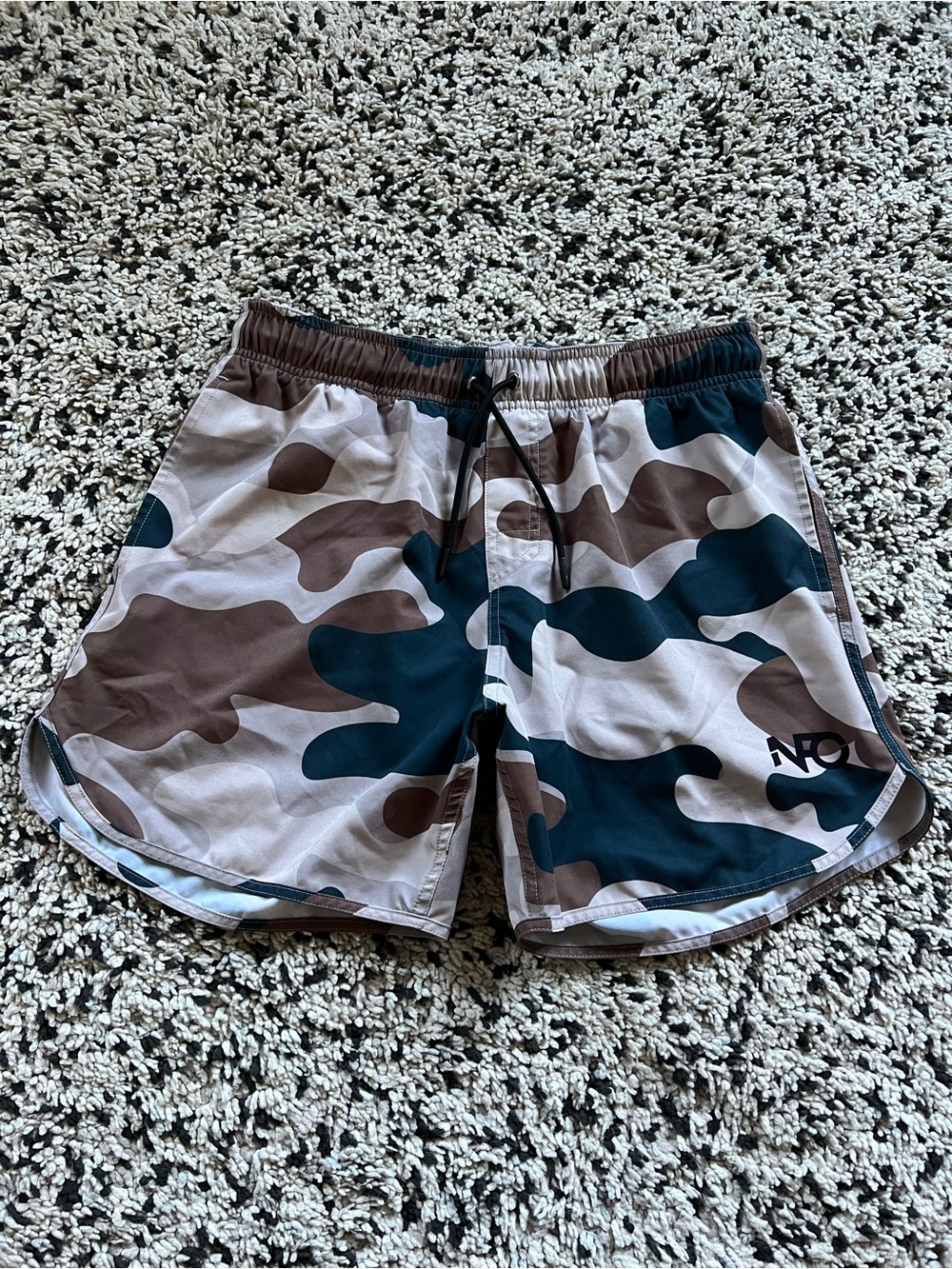 NFQ Camo Gym Shorts Unlined Tan Green Drawstring Waist Men’s Medium